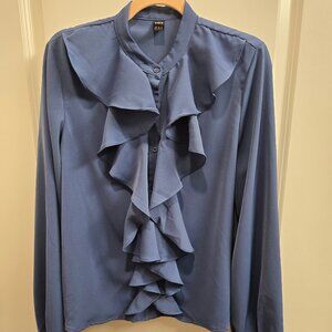 French Blue Ruffle Front Poets Blouse